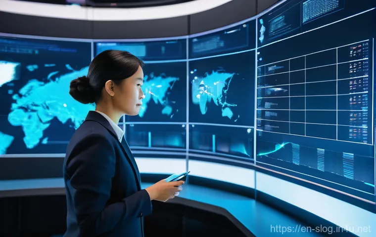 스마트물류 비즈니스 트렌드 분석 - **AI-Driven Global Logistics Hub:** A vibrant, futuristic logistics control center bathed in soft, b...