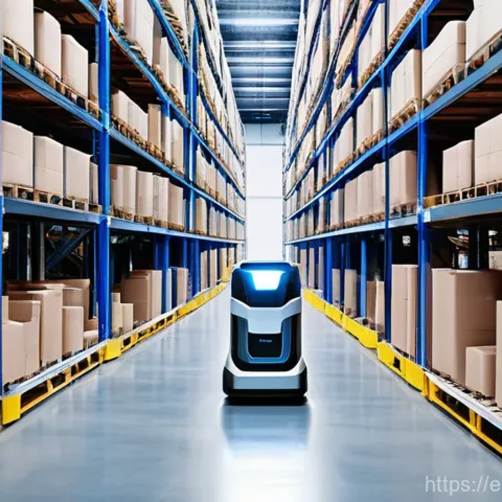 스마트물류 실기 시험 주의사항 - **Prompt:** A futuristic, well-lit smart warehouse interior. Autonomous Mobile Robots (AMRs) efficie...