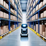 Home 10 스마트물류 실기 시험 주의사항 - **Prompt:** A futuristic, well-lit smart warehouse interior. Autonomous Mobile Robots (AMRs) efficie...
