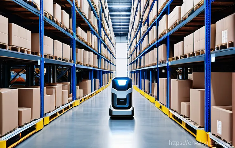 스마트물류 실기 시험 주의사항 - **Prompt:** A futuristic, well-lit smart warehouse interior. Autonomous Mobile Robots (AMRs) efficie...