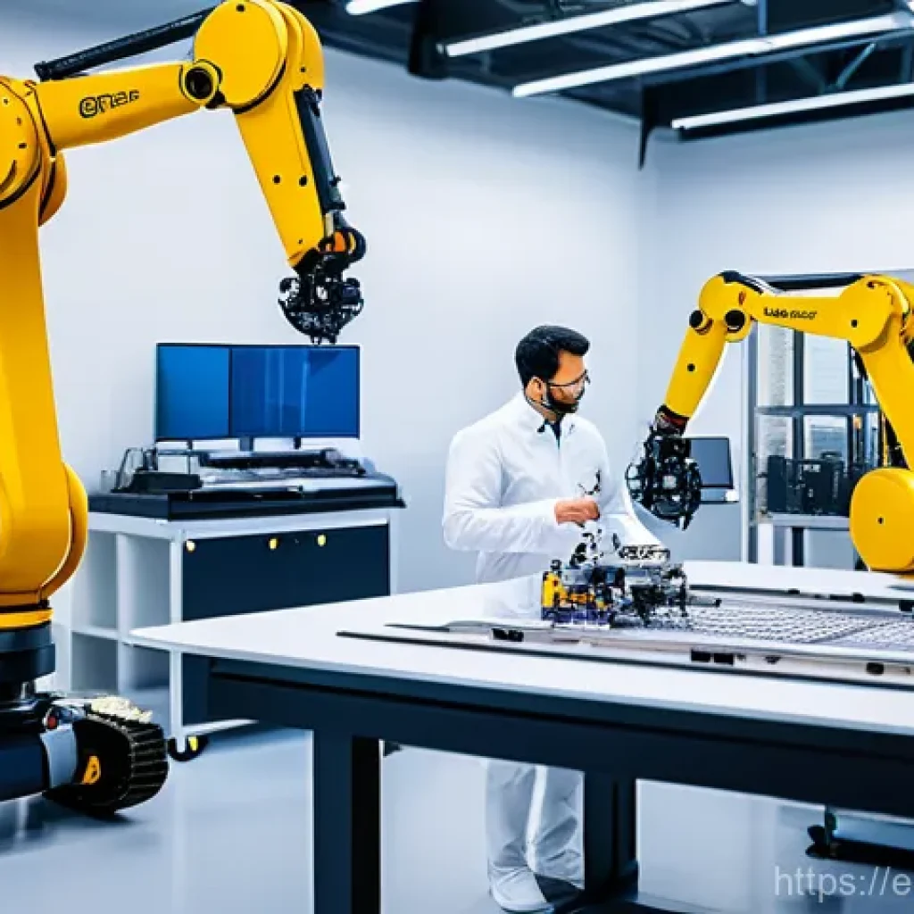 스마트물류 직업 전망 - **Prompt:** A diverse team of Robotics Engineers, dressed in clean, modern work attire (professional...