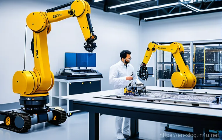 스마트물류 직업 전망 - **Prompt:** A diverse team of Robotics Engineers, dressed in clean, modern work attire (professional...