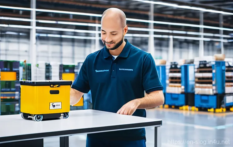 스마트물류 자동화 설비 도입 방법 - **Prompt 1: Harmonious Collaboration in a Smart Warehouse**
"A brightly lit, spacious, and moder...