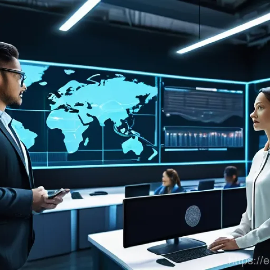 스마트물류 공급망 관리 비법 - A high-tech, futuristic logistics control center. The scene features a diverse team of male and fema...