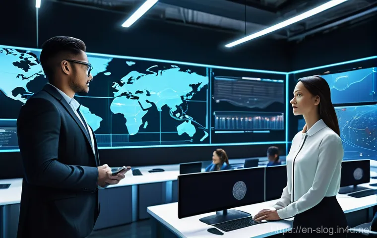 스마트물류 공급망 관리 비법 - A high-tech, futuristic logistics control center. The scene features a diverse team of male and fema...